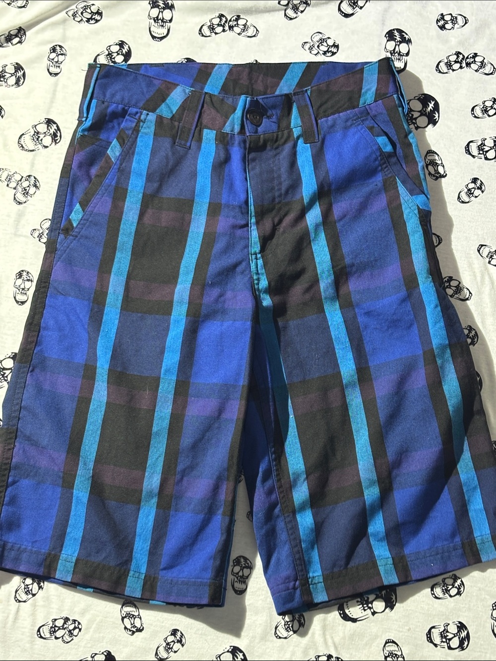 Element Men's Blue and Black Plaid Flat Front Shorts